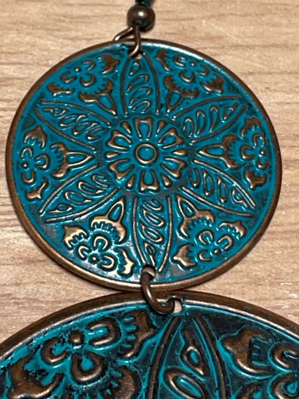 Turquoise Copper Patina Filigree Double Disc Drop Earrings XL - Picture 4 of 4